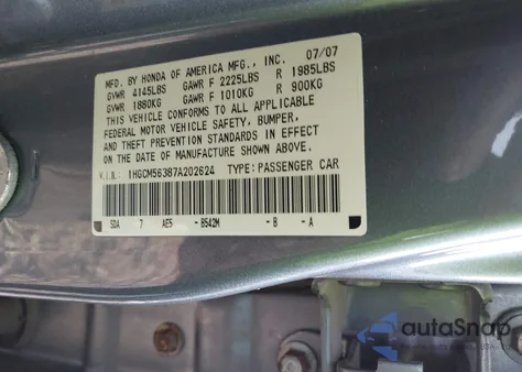 2007 Honda Accord 2.4 Se из США, поврежденный, VIN 1HGCM56387A202624